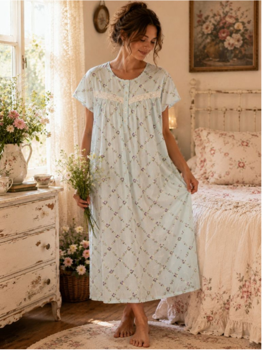 Secret Treasures XL Aqua Floral Lace Trim Nightgown Cottagecore Sleep Shirt